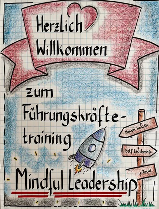 Mindful Leadership für Führungskräfte in Bietigheim-Bissingen. Bild: Flipchart mit Willkommensgruß zum Seminar